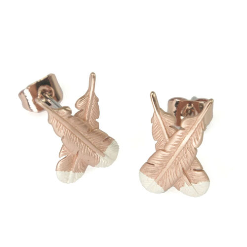 Little Taonga Huia Crossed Feather Earrings Rose Gold With Silver Tips